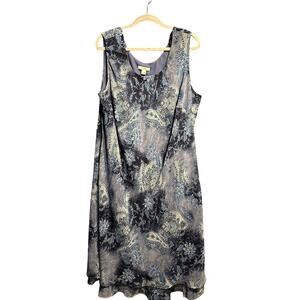 Dressbarn Woman Size 20W Sleeveless Dress Flowy Midi Blue Print Boho Sheer Layer